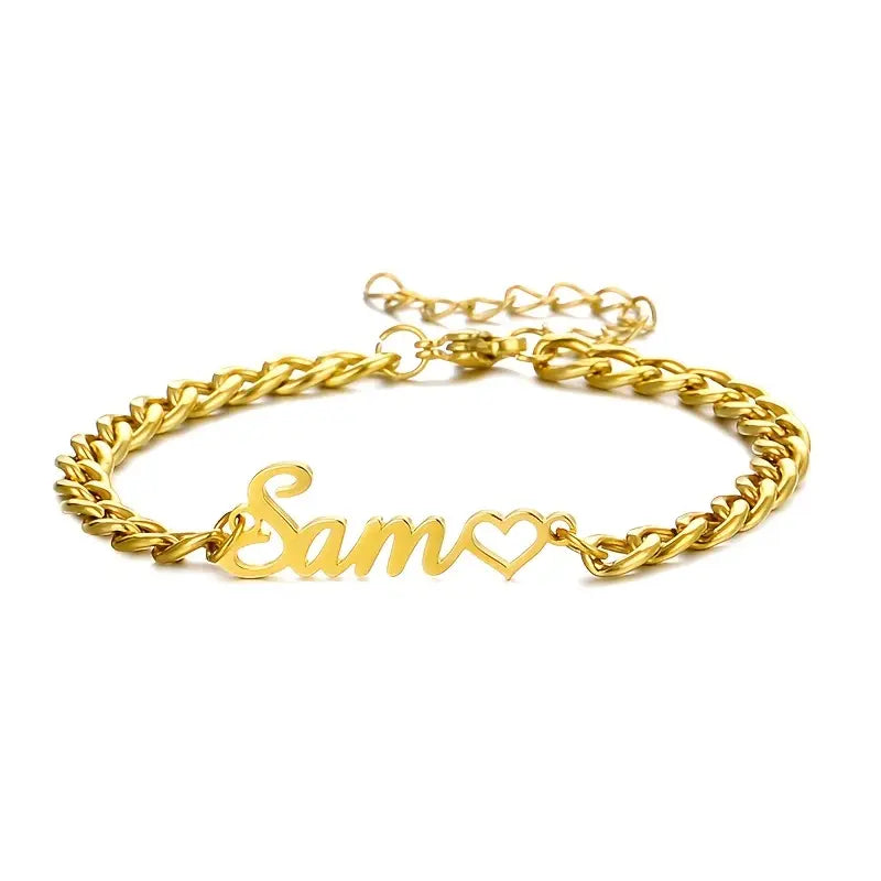 PULSERA CADENA GRUESA CON NOMBRE Y CORAZON