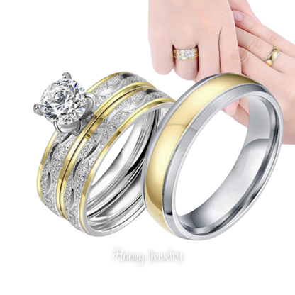 Trio de Anillos para pareja escarchado con bisel dorado