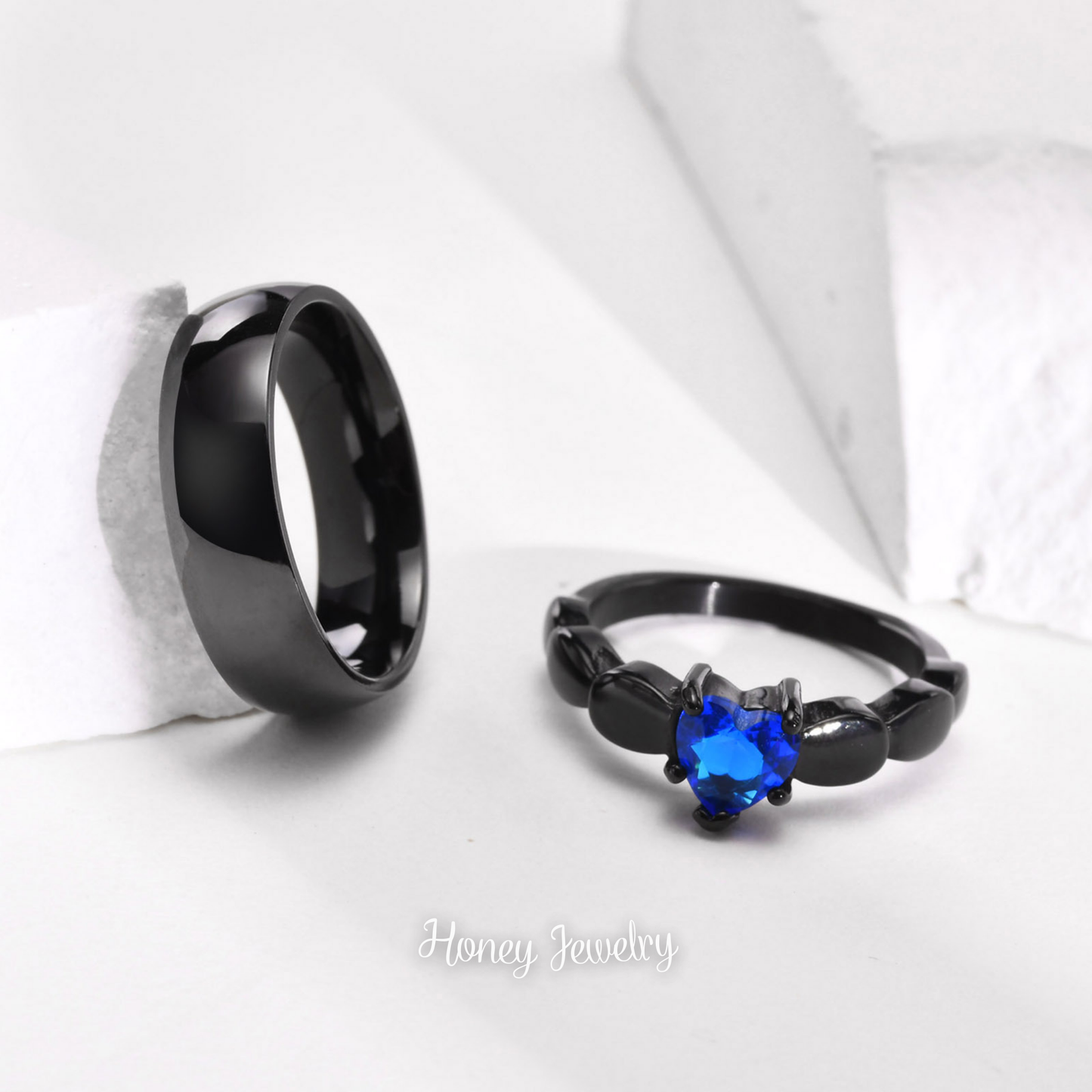 (Pre orden) Anillos para pareja circón azul con forma de corazón + argolla