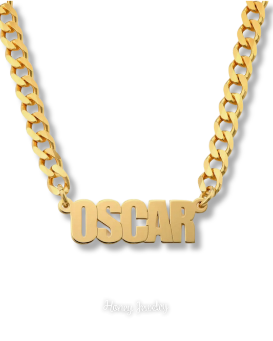 Male necklace with name in capital letters and thick chain