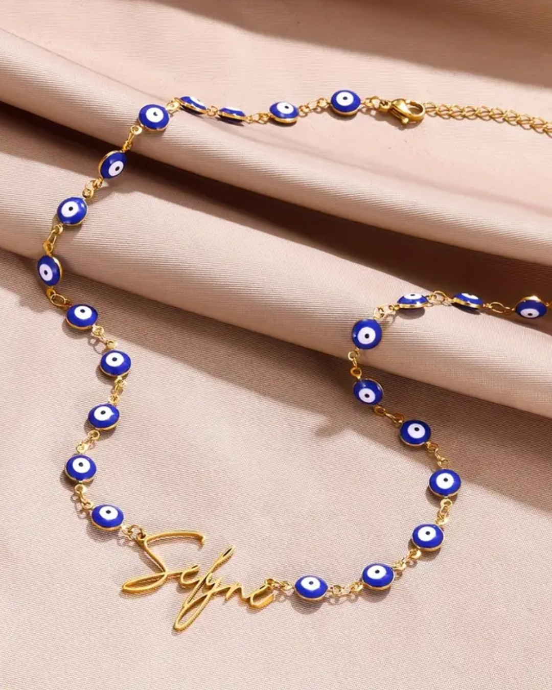COLLAR CON NOMBRE CLÁSICO CON CADENA DE OJO TURCO
