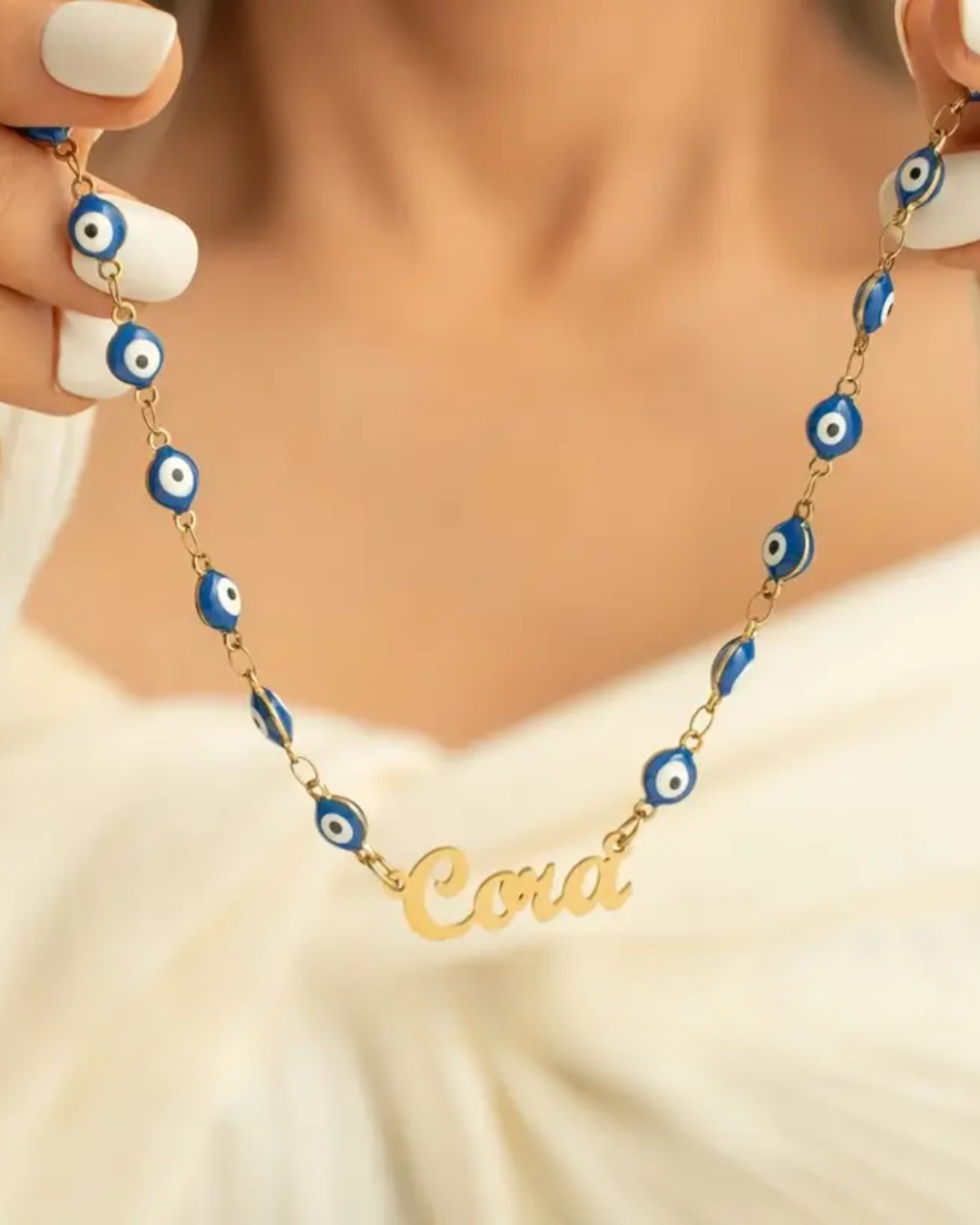 COLLAR CON NOMBRE CLÁSICO CON CADENA DE OJO TURCO