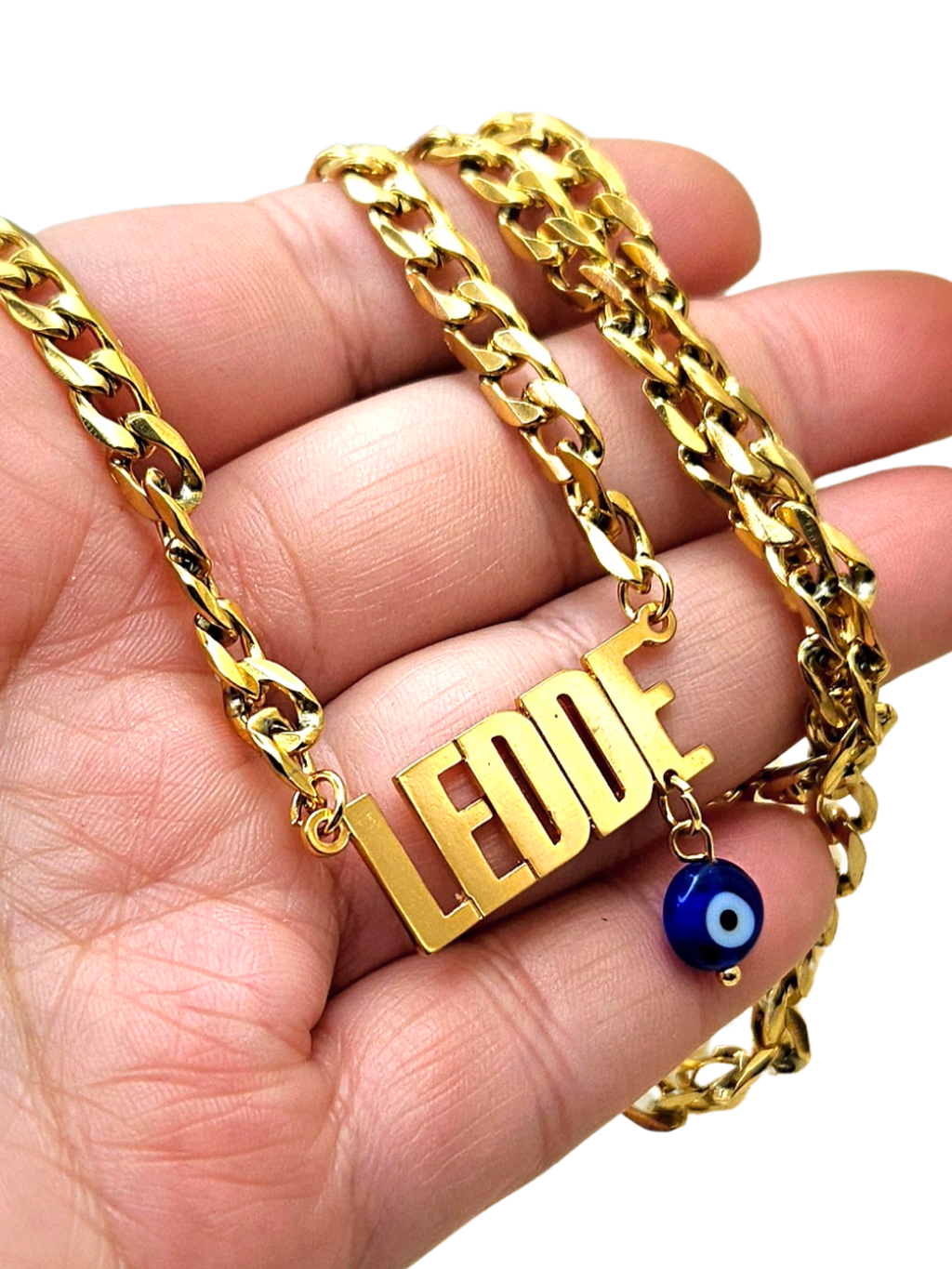 COLLAR CON NOMBRE Y OJO TURCO CON CADENA GRUESA