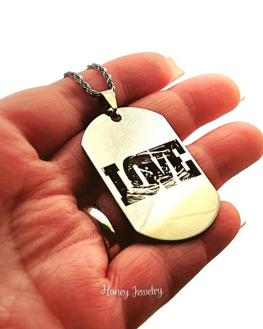 Military badge necklace with baby footprints