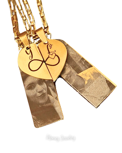 Juego de collares con placa vertical + doble corazón partido