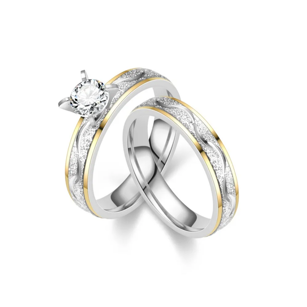 Diamond couple rings with gold bezel