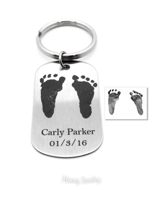 Military badge keychain with baby footprints