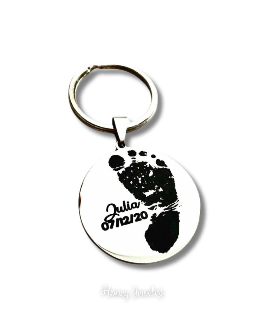 LLAVERO PLACA REDONDA CON HUELLAS DE BEBÉ