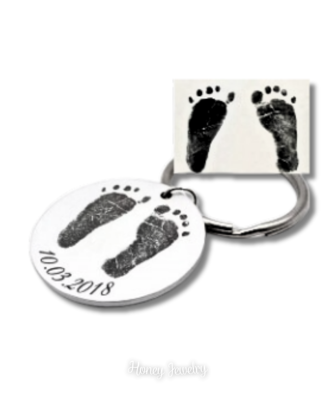 LLAVERO PLACA REDONDA CON HUELLAS DE BEBÉ