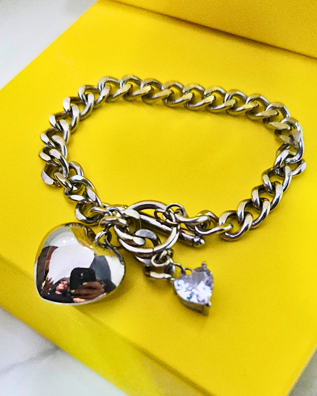 PULSERA CORAZON CIRCON Y CADENA GRUESA