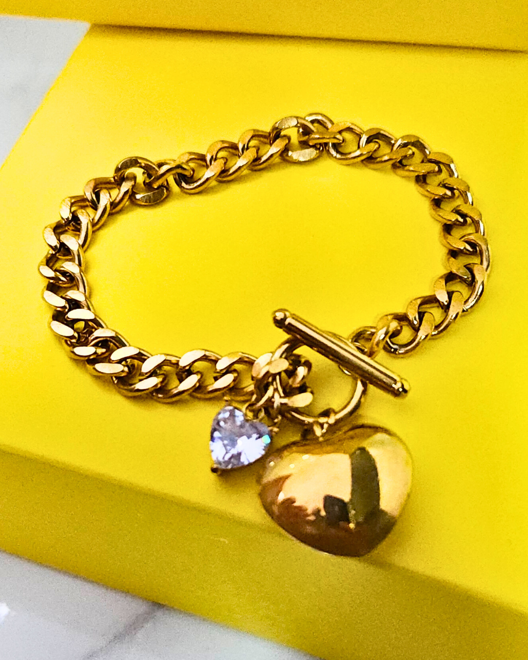 PULSERA CORAZON CIRCON Y CADENA GRUESA