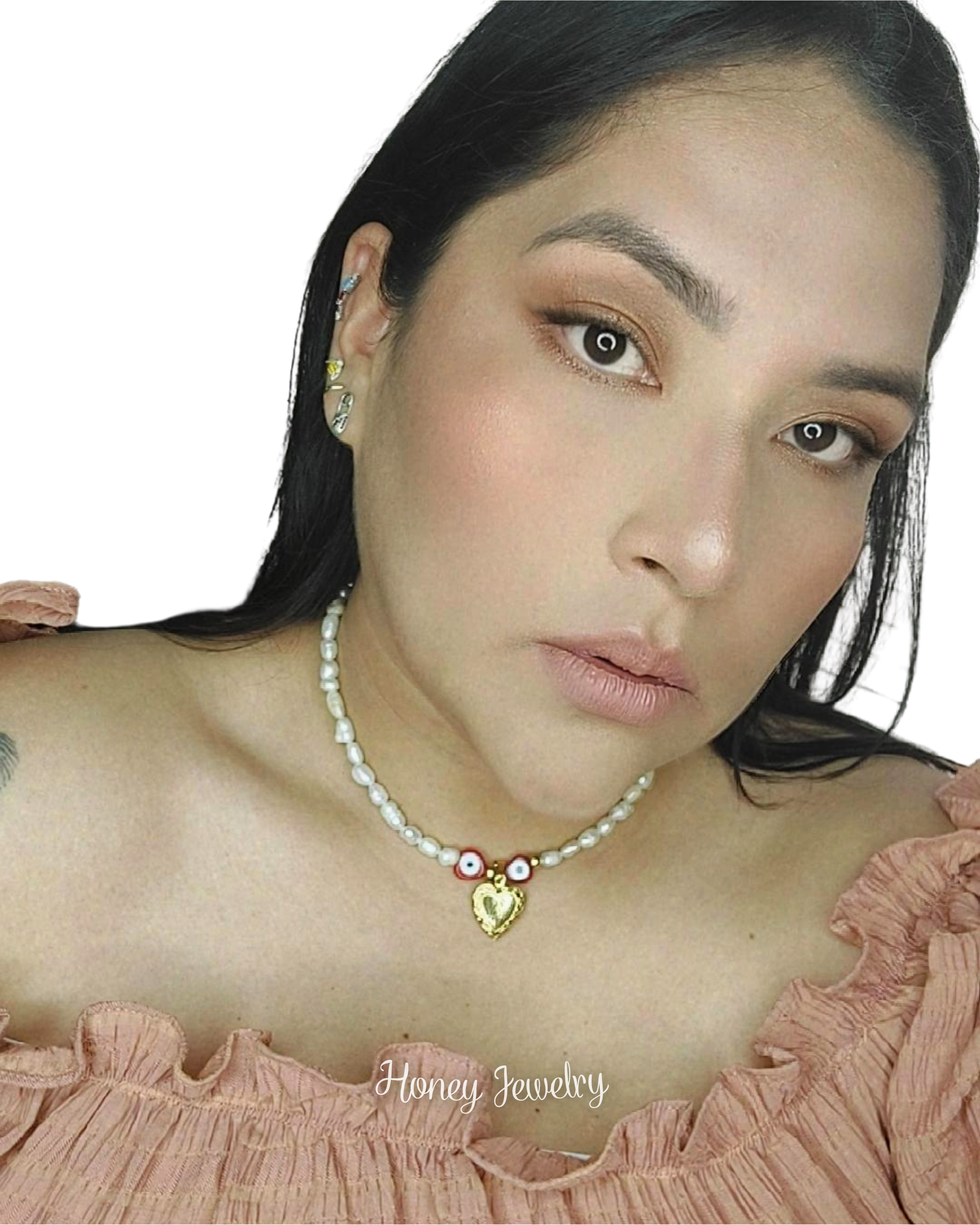 COLLAR RELICARIO CORAZON CON PERLAS NATURALES Y OJO TURCO