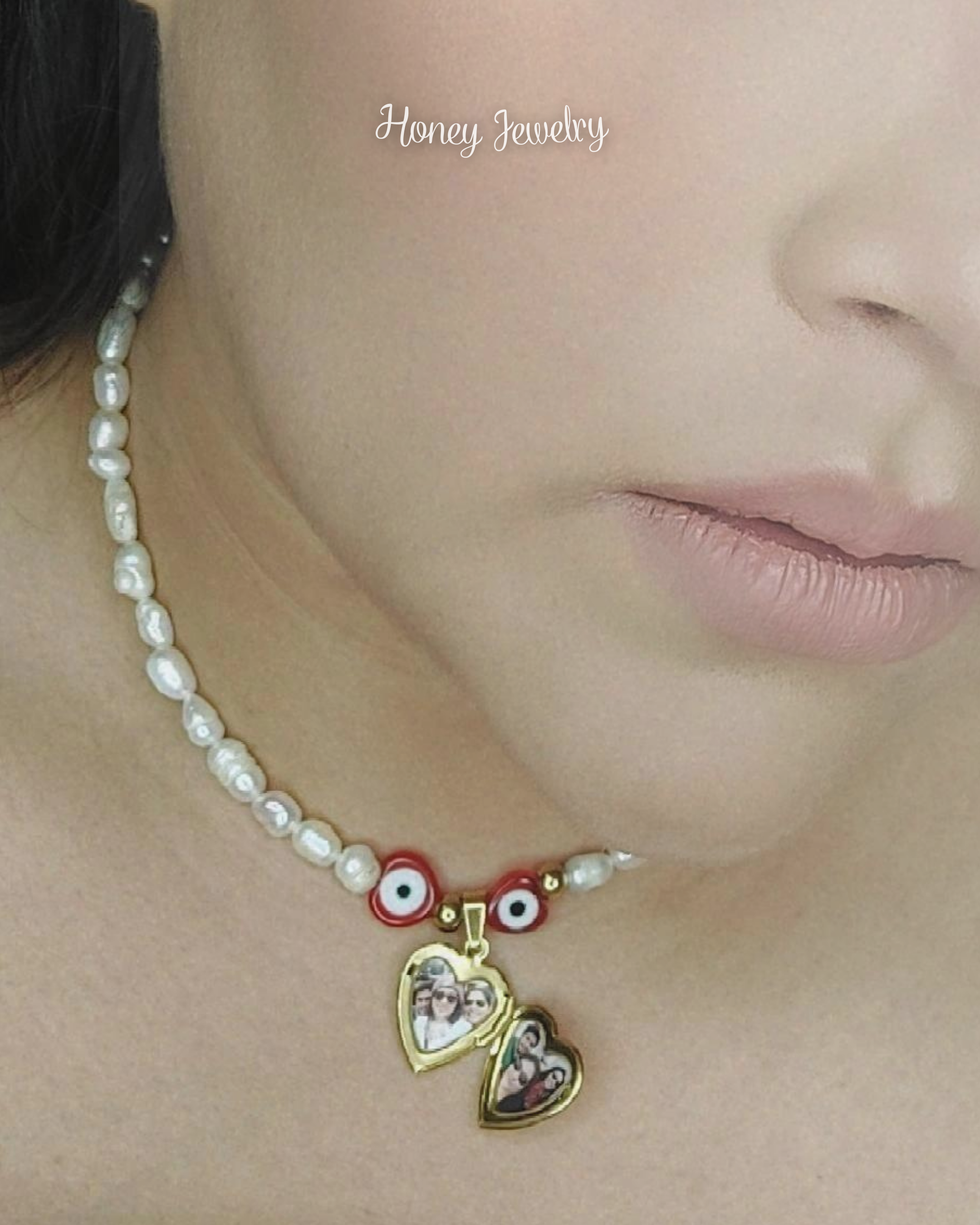 COLLAR RELICARIO CORAZON CON PERLAS NATURALES Y OJO TURCO