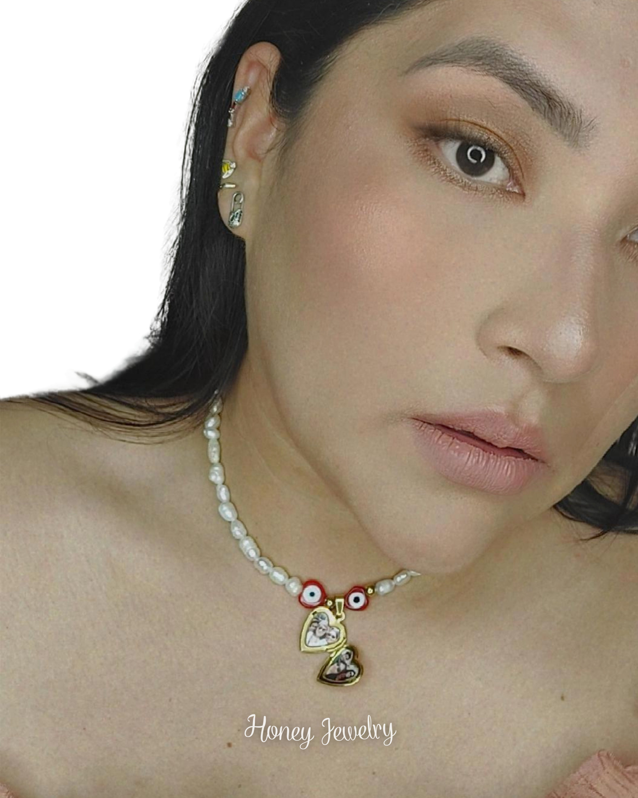 COLLAR RELICARIO CORAZON CON PERLAS NATURALES Y OJO TURCO