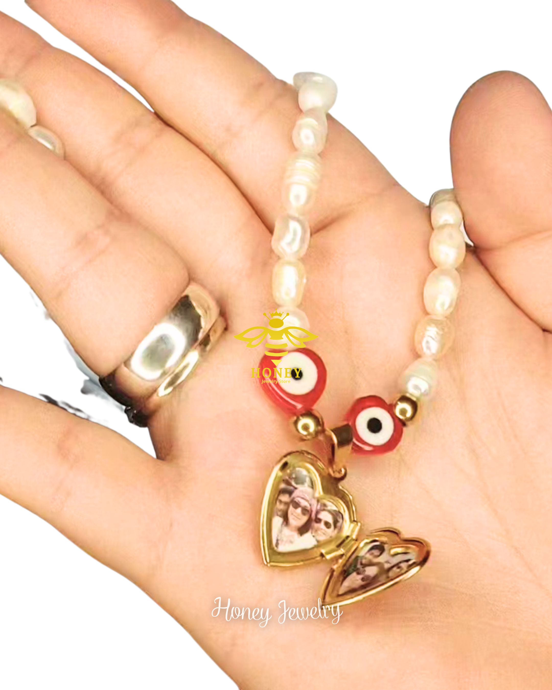 COLLAR RELICARIO CORAZON CON PERLAS NATURALES Y OJO TURCO