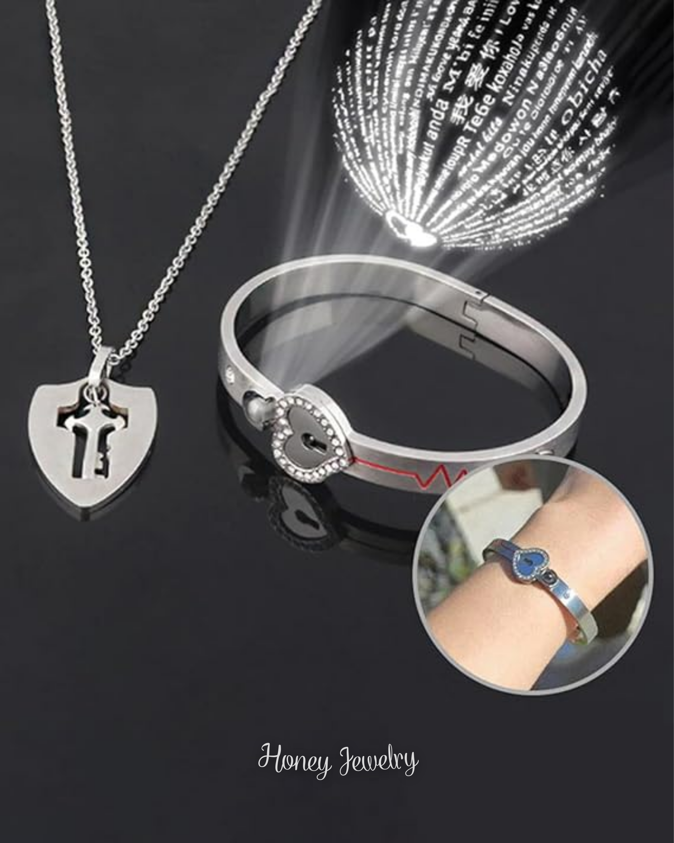 JUEGO DE PULSERA CANDADO Y COLLAR PLACA LLAVE