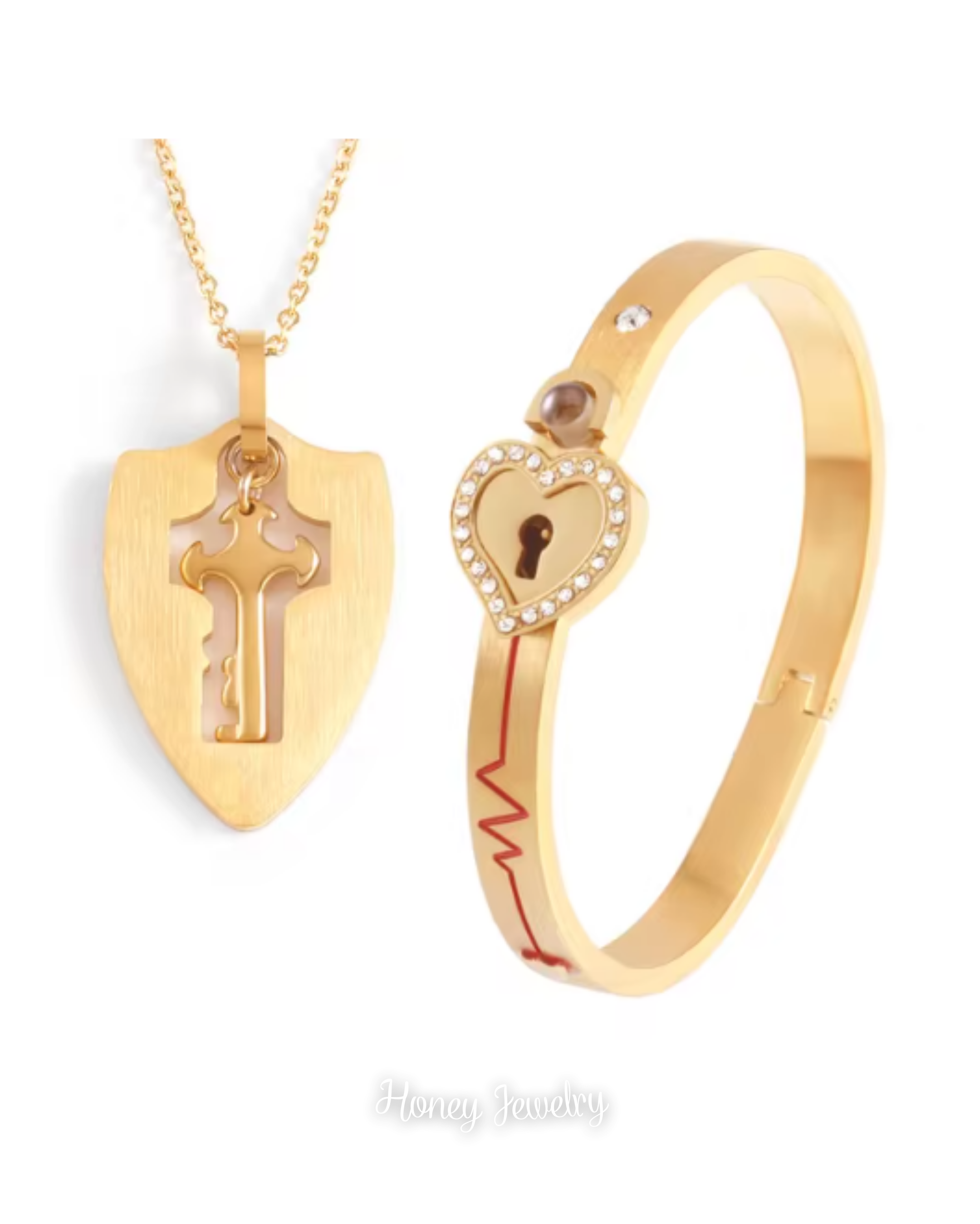 JUEGO DE PULSERA CANDADO Y COLLAR PLACA LLAVE