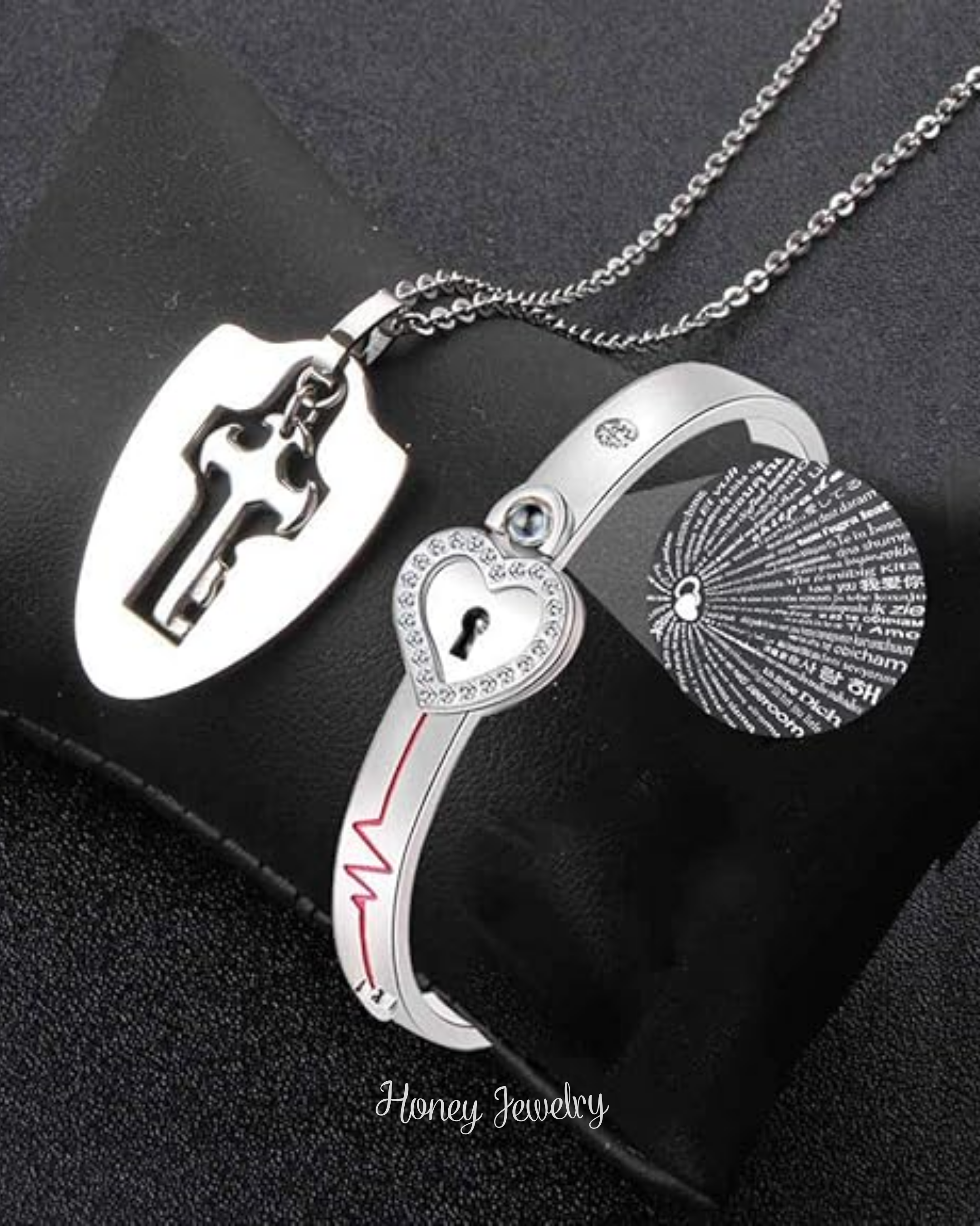 JUEGO DE PULSERA CANDADO Y COLLAR PLACA LLAVE