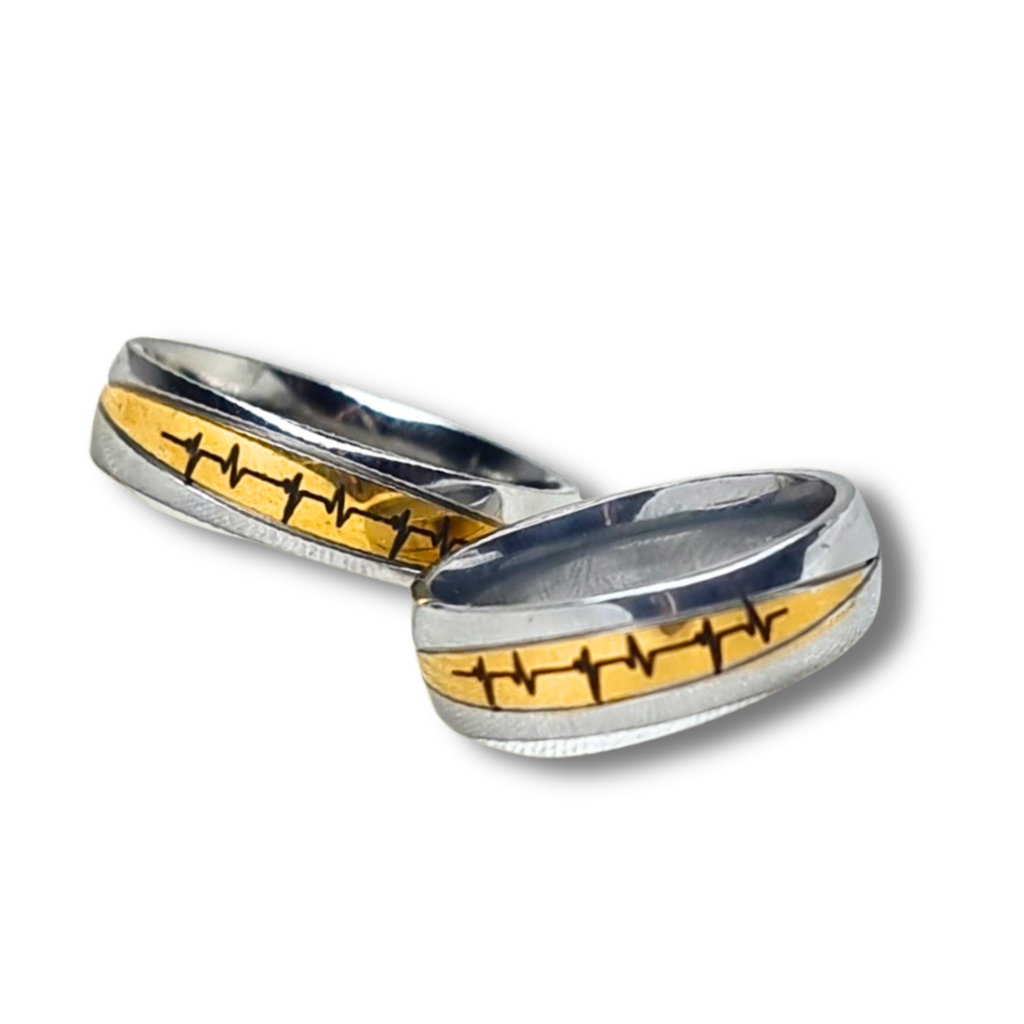 Mixed satin, golden triangular couple rings