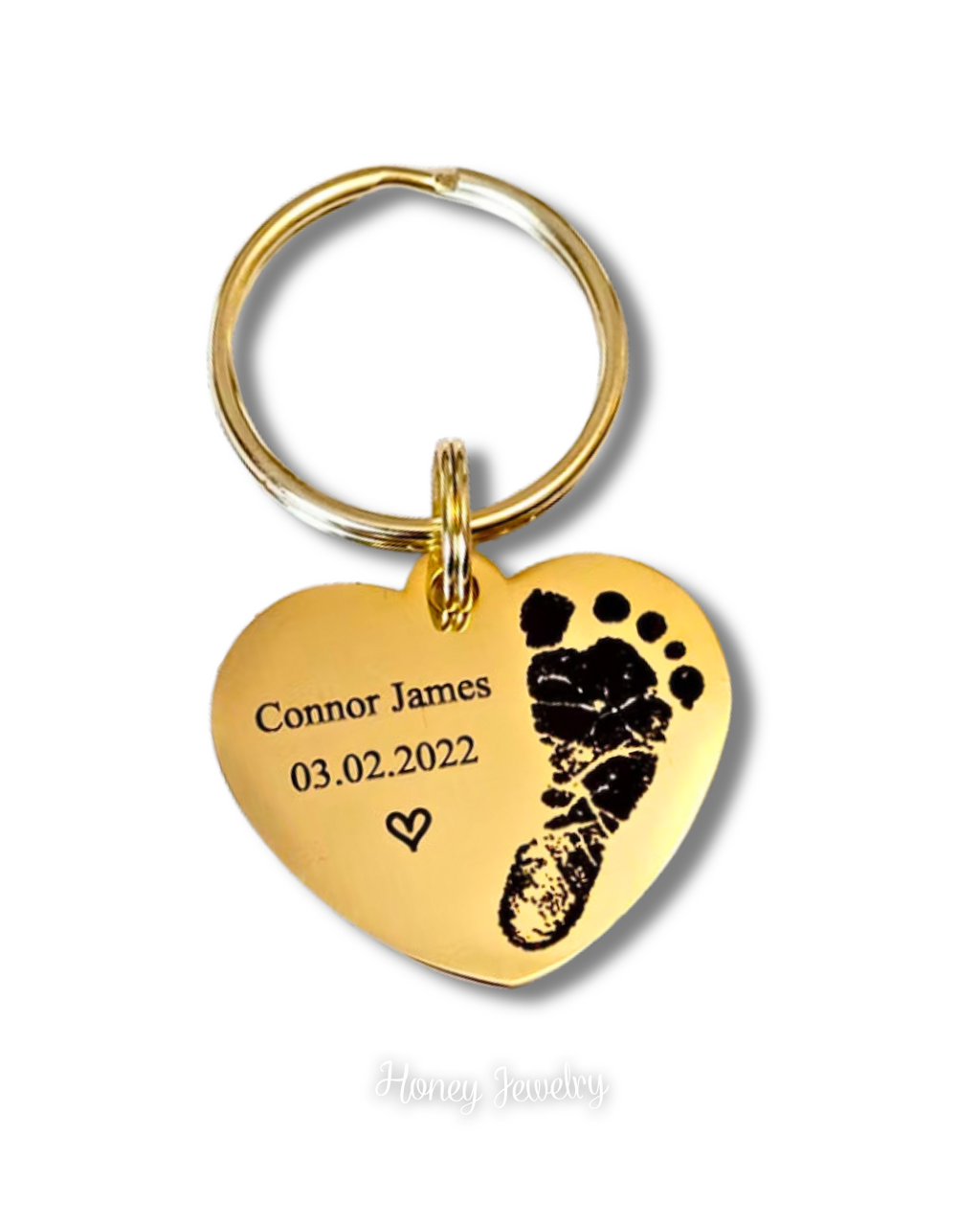 LLAVERO PLACA CORAZON CON HUELLAS DE BEBÉ
